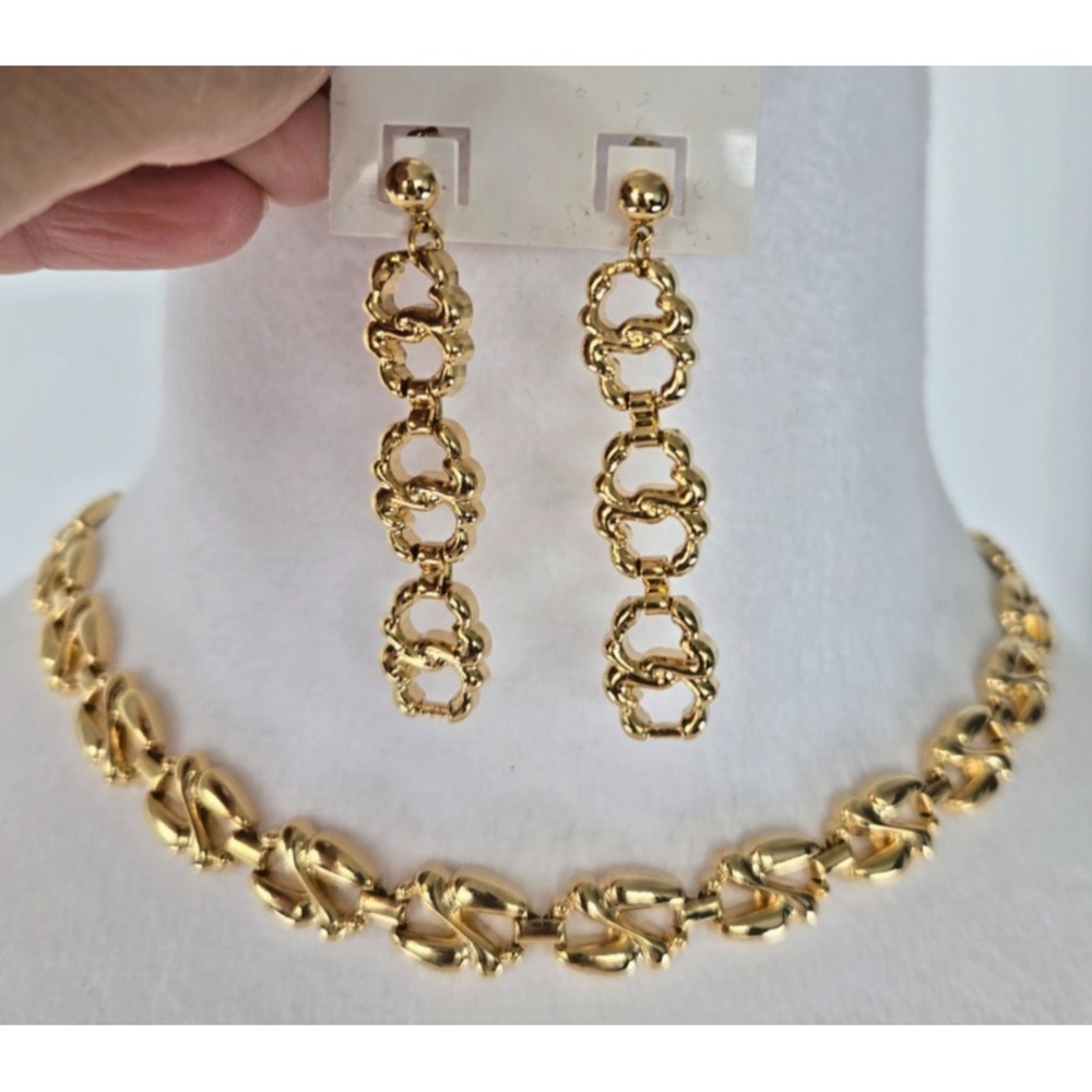 Vintage Brass Pierced Earings Choker Necklace Set Gold Brandnew Quiet Luxury